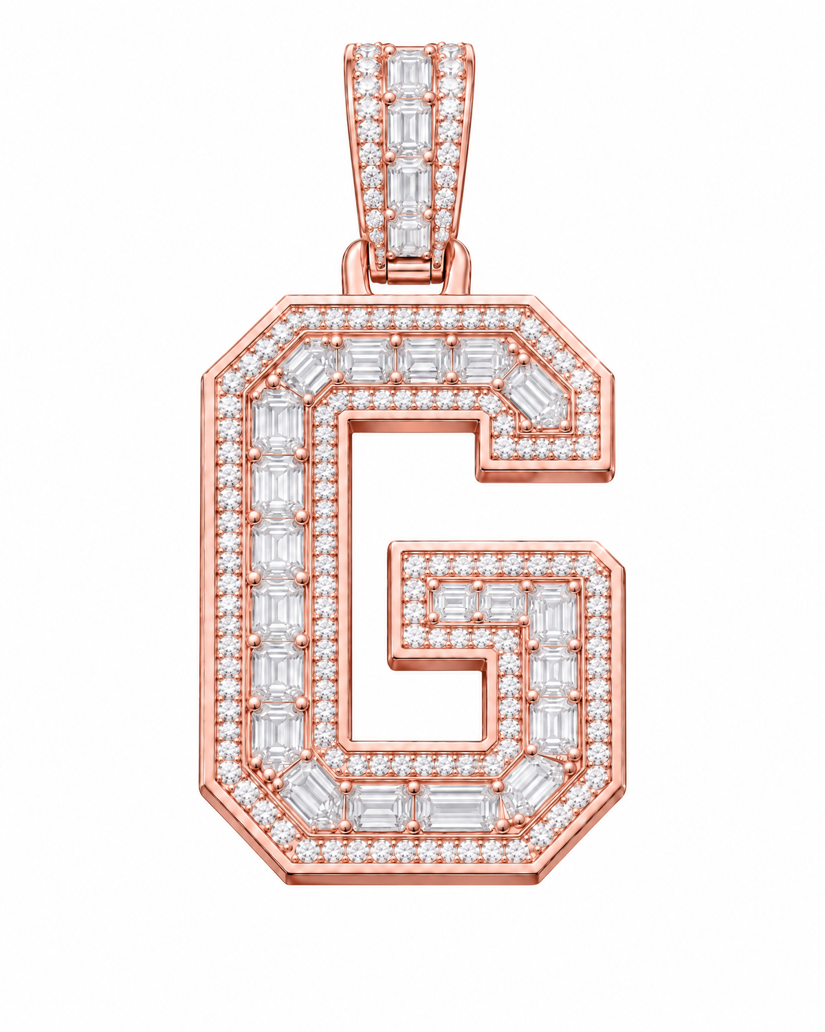 AI design render: letter G lab-grown diamond pendant in rose gold, with emerald-cut centers, round diamond borders and diamond-set bail.