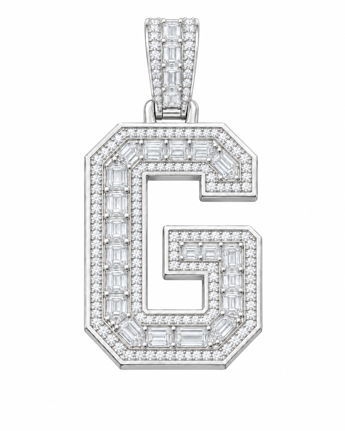 AI design render: letter G lab-grown diamond pendant in white gold, with emerald-cut centers, round diamond borders and diamond-set bail.