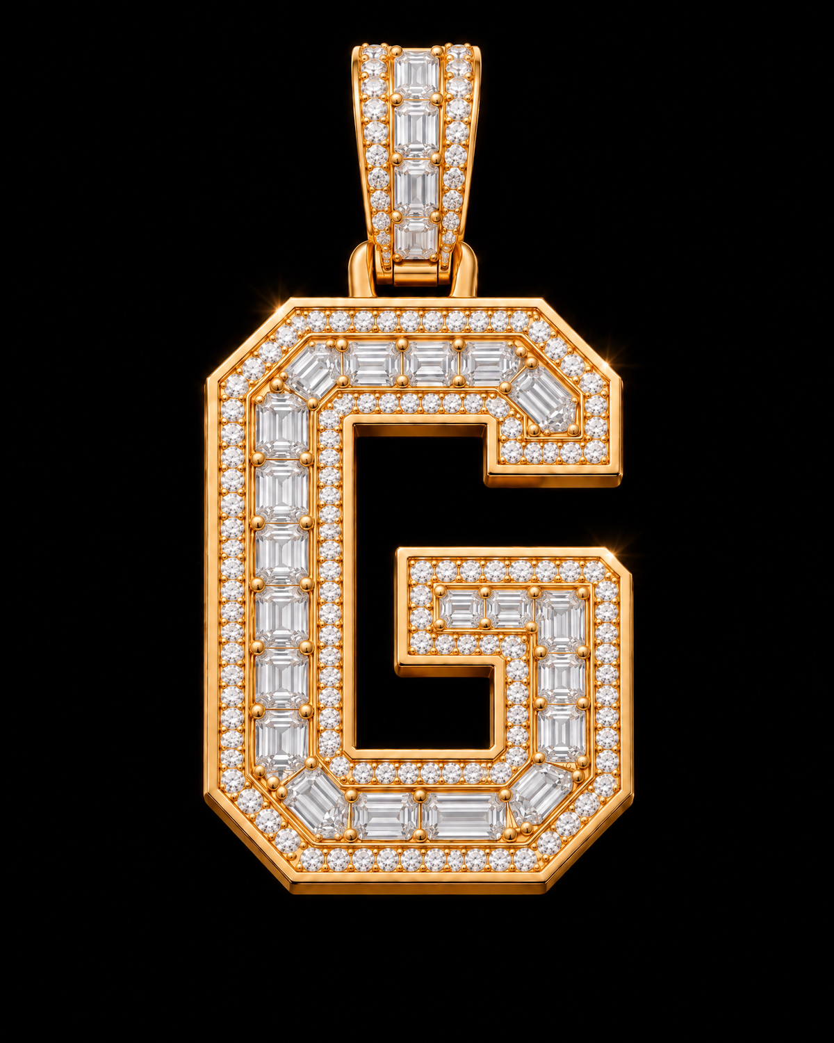 AI design render of letter G pendant in yellow gold with emerald-cut diamond centers, round diamond borders and a diamond-set bail.