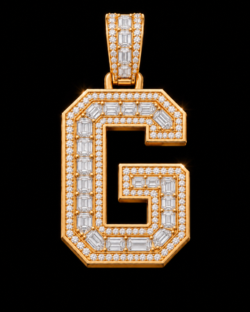 AI design render of letter G pendant in yellow gold with emerald-cut diamond centers, round diamond borders and a diamond-set bail.