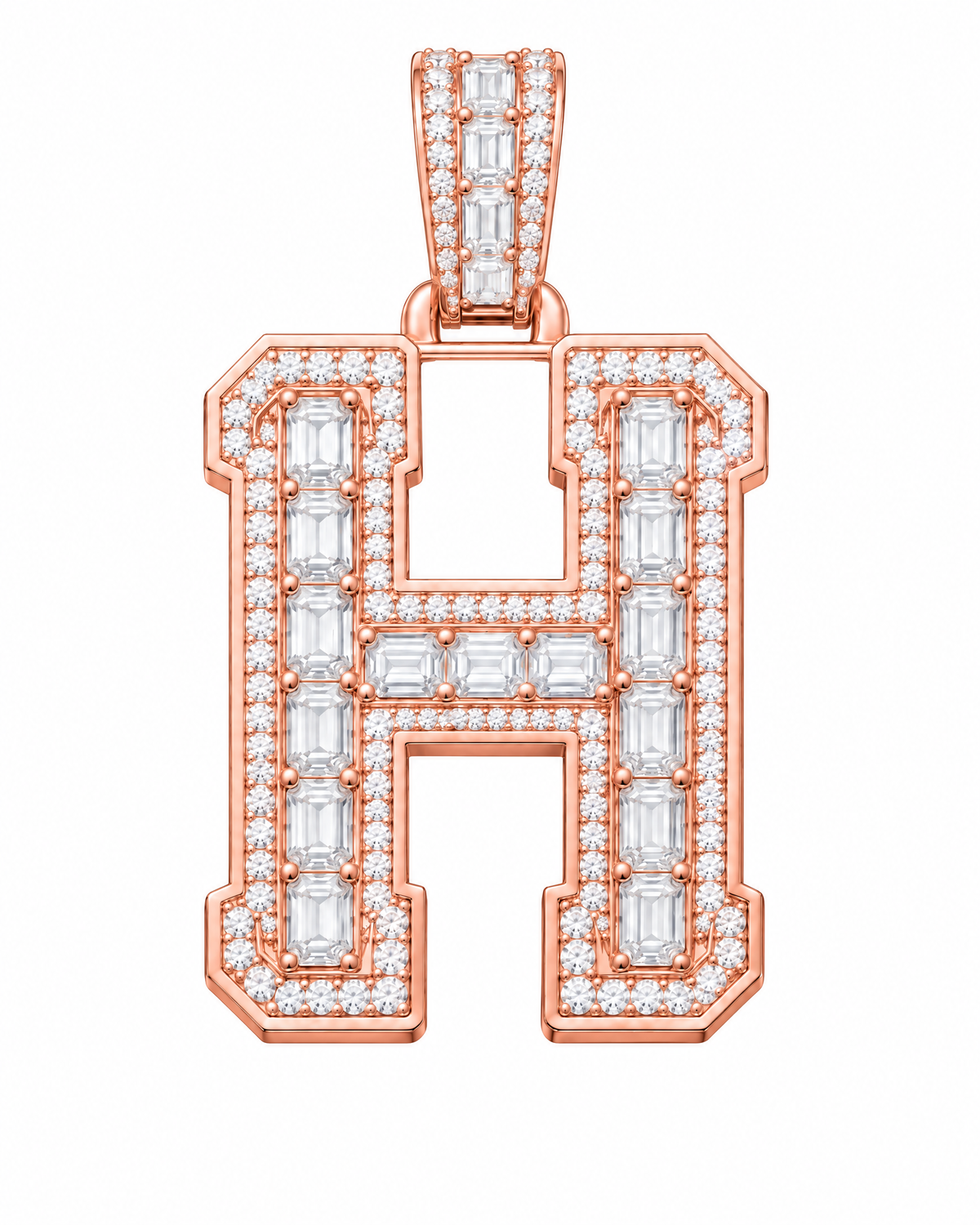 AI design render: letter H lab-grown diamond pendant in rose gold, with emerald-cut centers, round diamond borders and diamond-set bail.