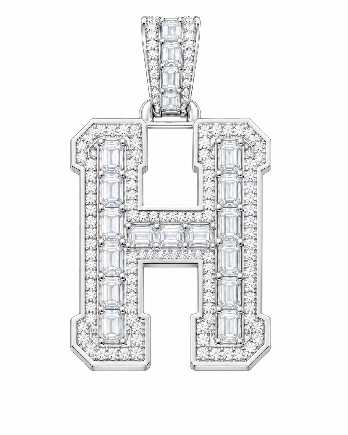 AI design render: letter H lab-grown diamond pendant in white gold, with emerald-cut centers, round diamond borders and diamond-set bail.