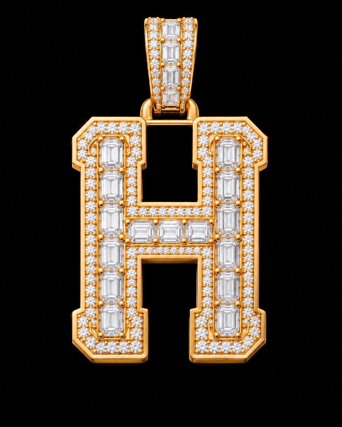AI design render of letter H pendant in yellow gold with emerald-cut diamond centers, round diamond borders and a diamond-set bail.