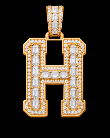 AI design render of letter H pendant in yellow gold with emerald-cut diamond centers, round diamond borders and a diamond-set bail.