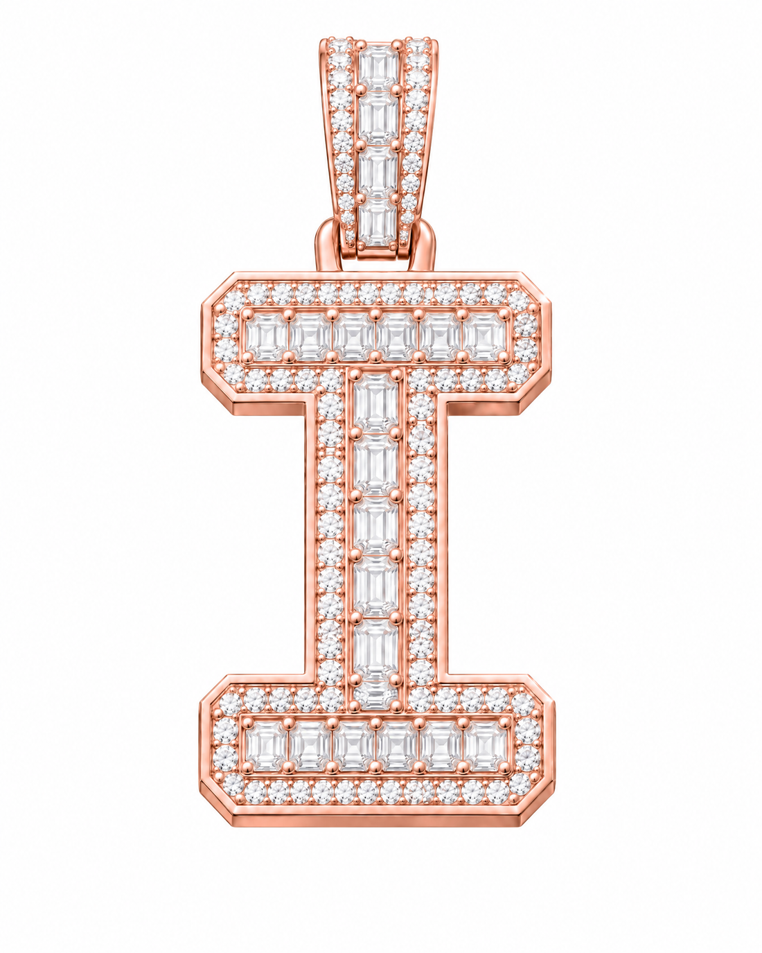 AI design render: letter I lab-grown diamond pendant in rose gold, with emerald-cut centers, round diamond borders and diamond-set bail.