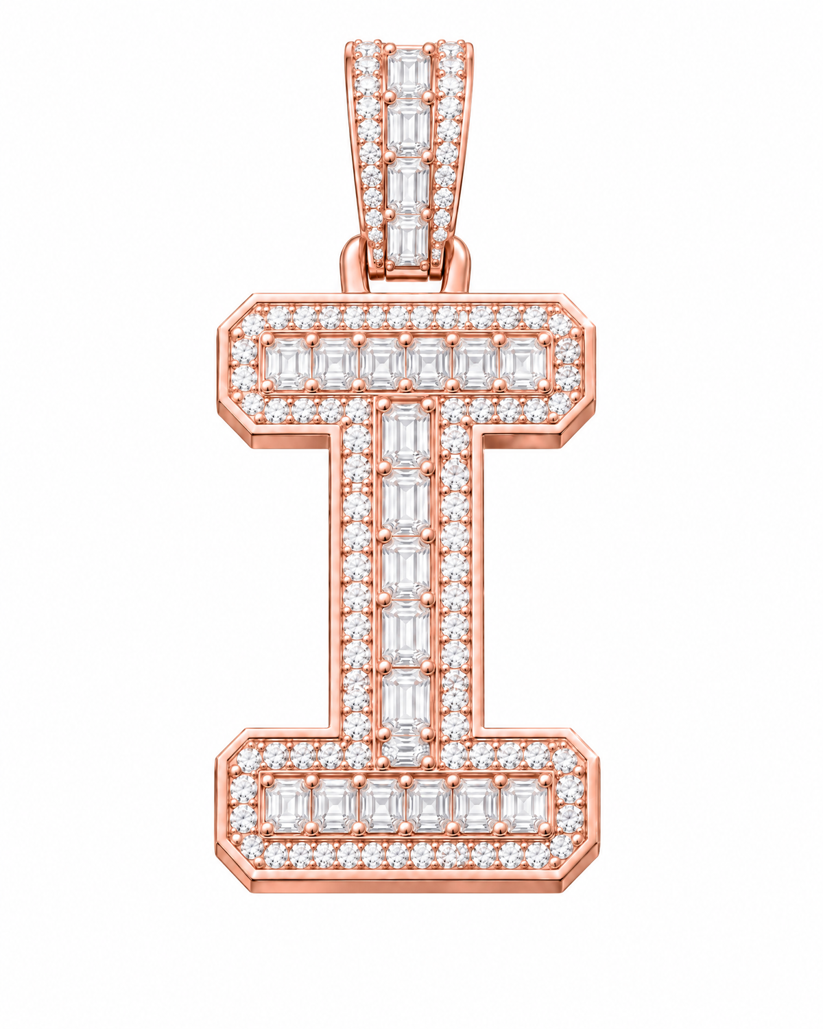AI design render: letter I lab-grown diamond pendant in rose gold, with emerald-cut centers, round diamond borders and diamond-set bail.
