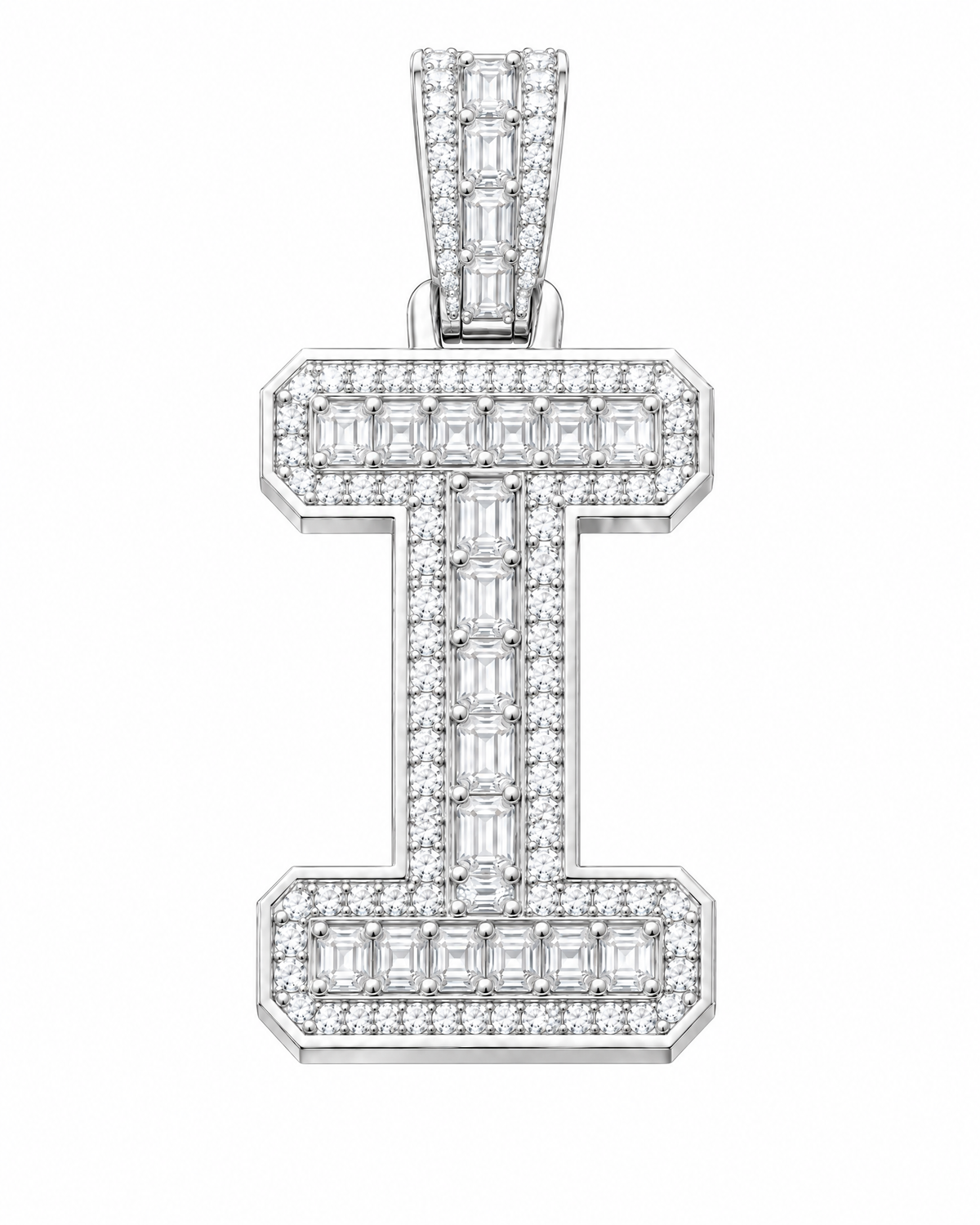 AI design render: letter I lab-grown diamond pendant in white gold, with emerald-cut centers, round diamond borders and diamond-set bail.