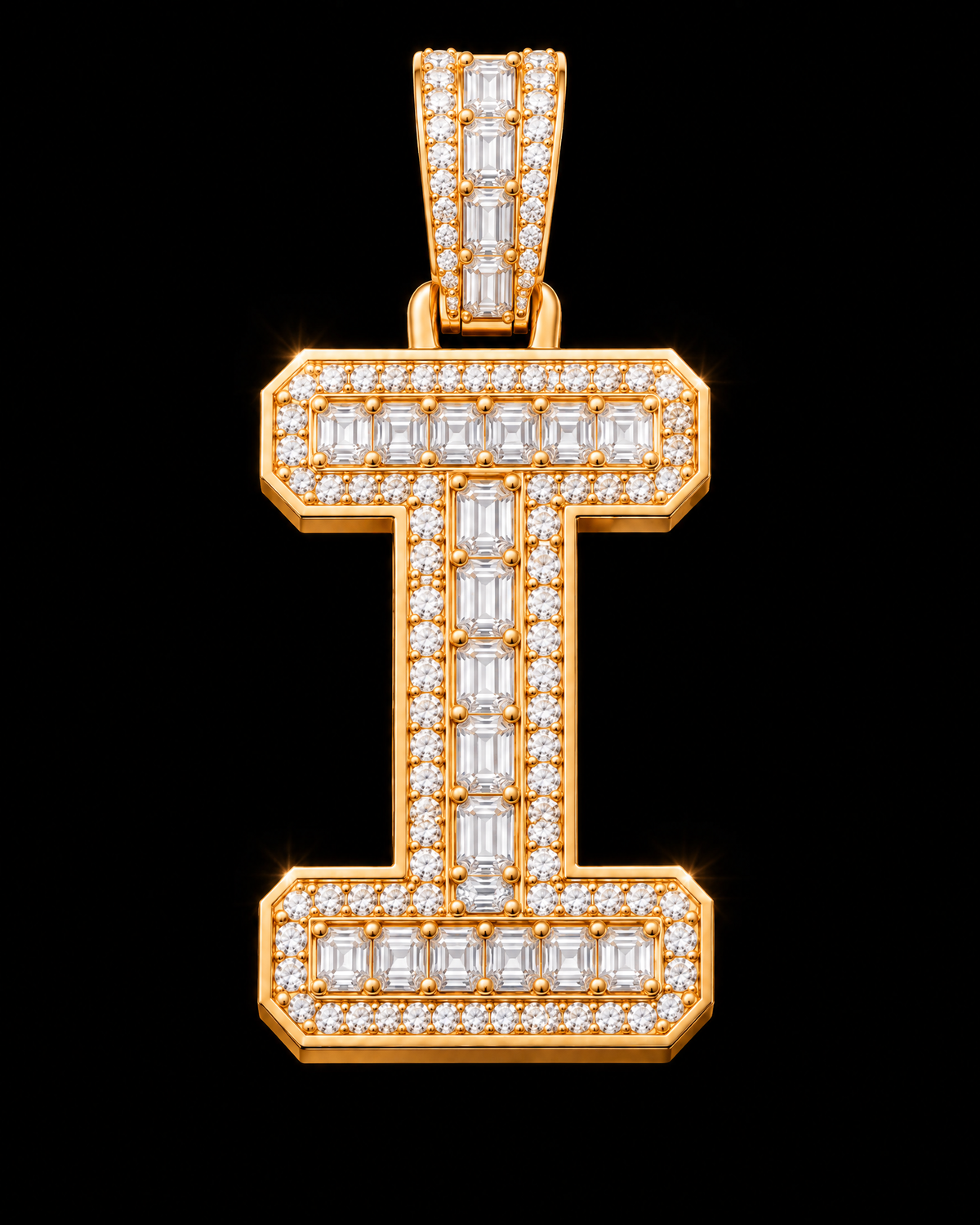 AI design render of letter I pendant in yellow gold with emerald-cut diamond centers, round diamond borders and a diamond-set bail.