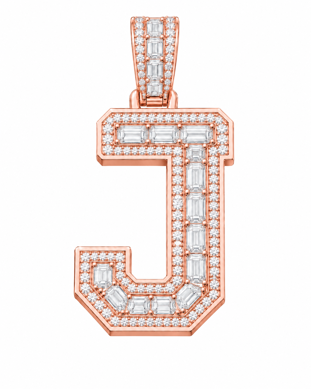 AI design render: letter J lab-grown diamond pendant in rose gold, with emerald-cut centers, round diamond borders and diamond-set bail.