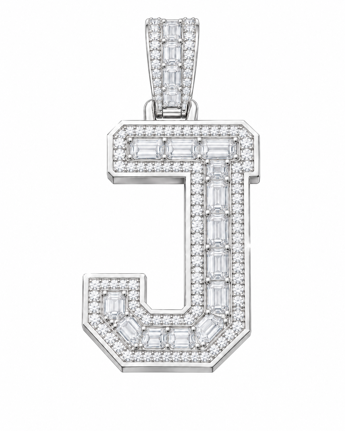 AI design render: letter J lab-grown diamond pendant in white gold, with emerald-cut centers, round diamond borders and diamond-set bail.