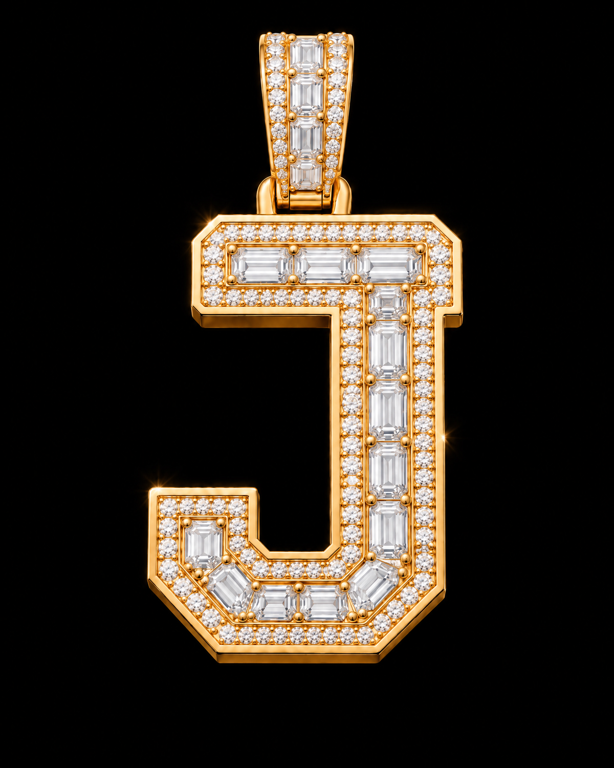 AI design render of letter J pendant in yellow gold with emerald-cut diamond centers, round diamond borders and a diamond-set bail.