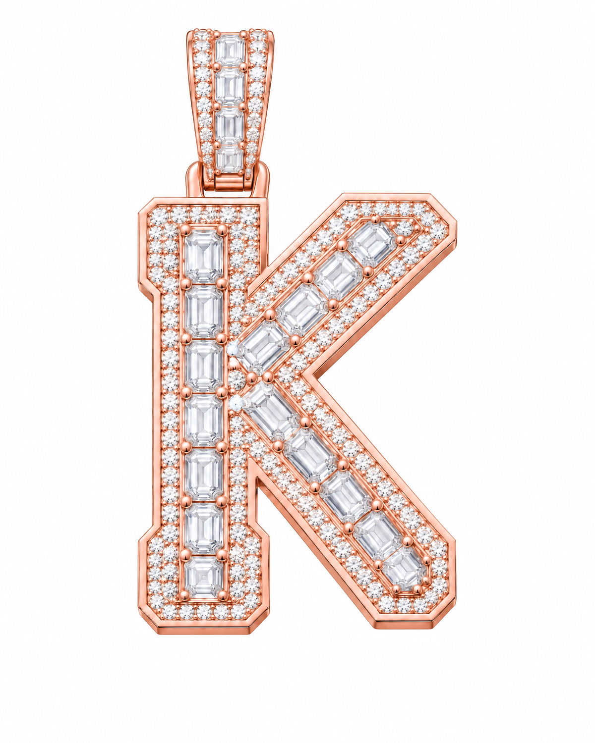 AI design render: letter K lab-grown diamond pendant in rose gold, with emerald-cut centers, round diamond borders and diamond-set bail.