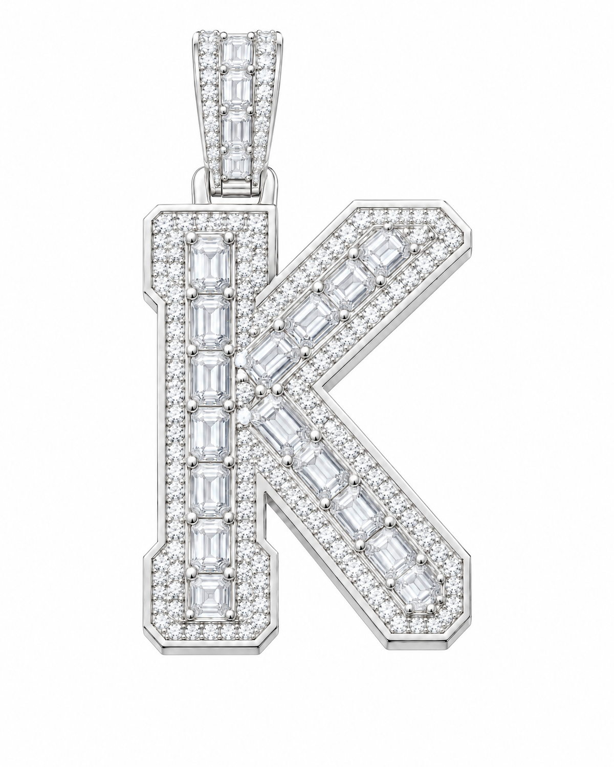 AI design render: letter K lab-grown diamond pendant in white gold, with emerald-cut centers, round diamond borders and diamond-set bail.