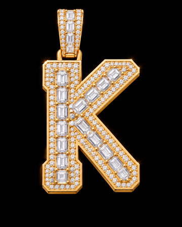 AI design render of letter K pendant in yellow gold with emerald-cut diamond centers, round diamond borders and a diamond-set bail.