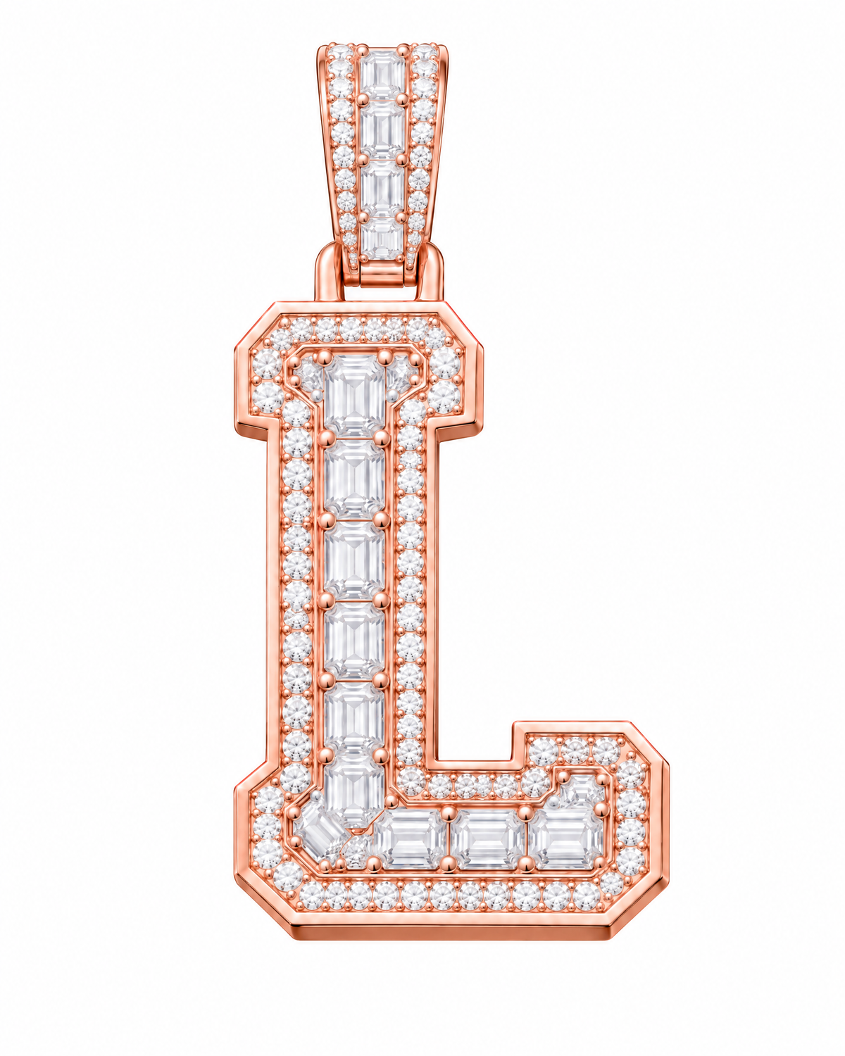 AI design render: letter L lab-grown diamond pendant in rose gold, with emerald-cut centers, round diamond borders and diamond-set bail.