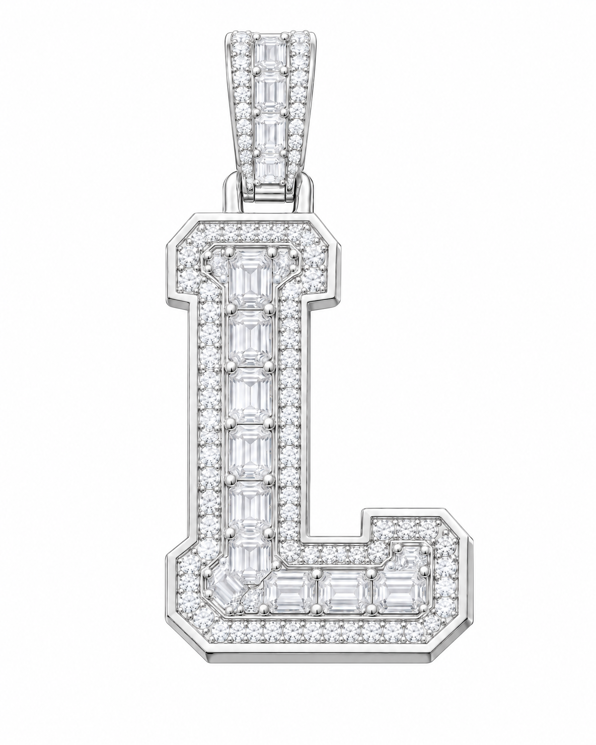 AI design render: letter L lab-grown diamond pendant in white gold, with emerald-cut centers, round diamond borders and diamond-set bail.