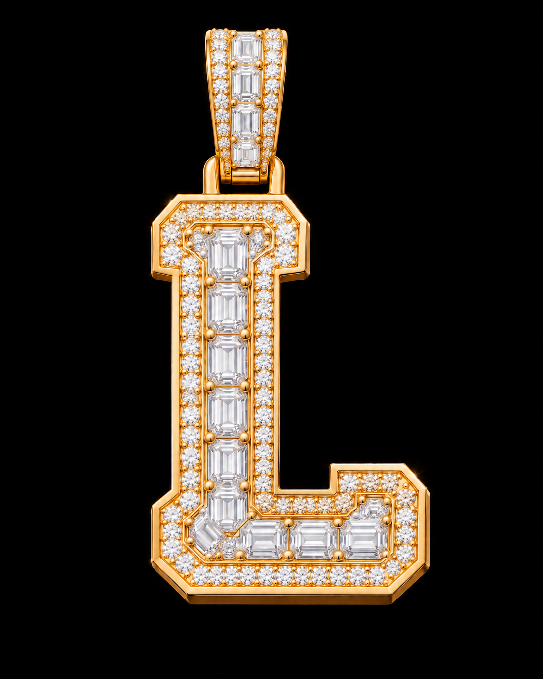 AI design render of letter L pendant in yellow gold with emerald-cut diamond centers, round diamond borders and a diamond-set bail.