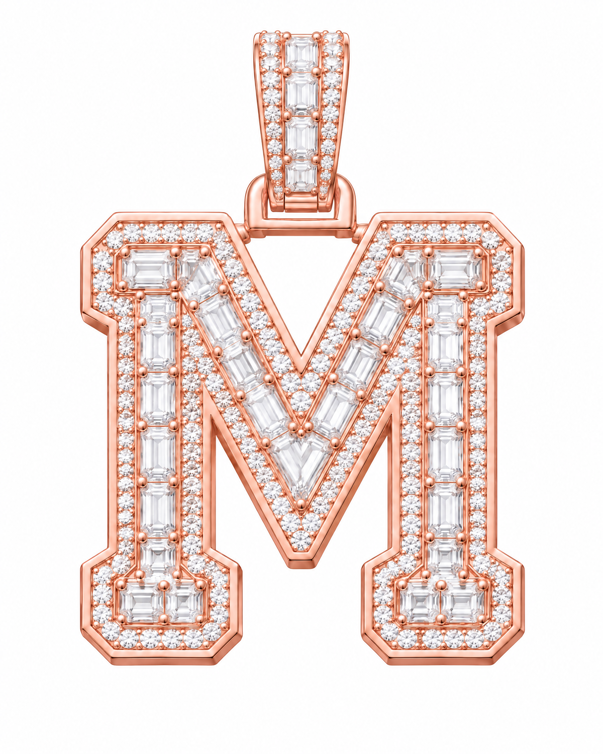 AI design render: letter M lab-grown diamond pendant in rose gold, with emerald-cut centers, round diamond borders and diamond-set bail.