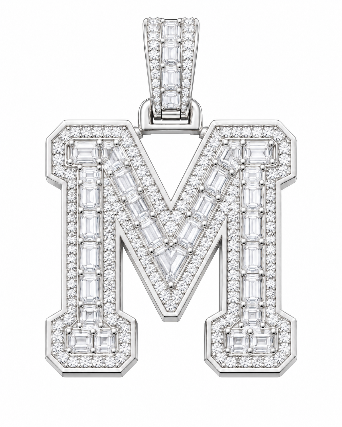 AI design render: letter M lab-grown diamond pendant in white gold, with emerald-cut centers, round diamond borders and diamond-set bail.