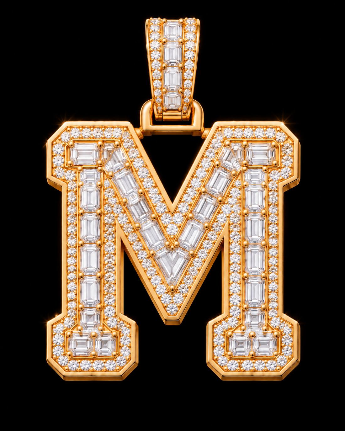 AI design render of letter M pendant in yellow gold with emerald-cut diamond centers, round diamond borders and a diamond-set bail.