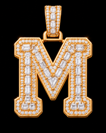 AI design render of letter M pendant in yellow gold with emerald-cut diamond centers, round diamond borders and a diamond-set bail.