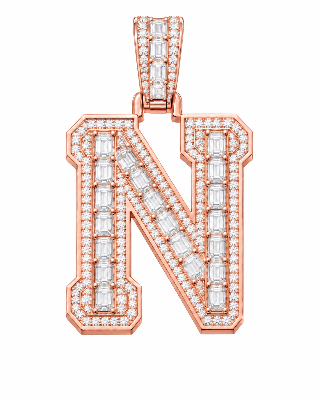 AI design render: letter N lab-grown diamond pendant in rose gold, with emerald-cut centers, round diamond borders and diamond-set bail.
