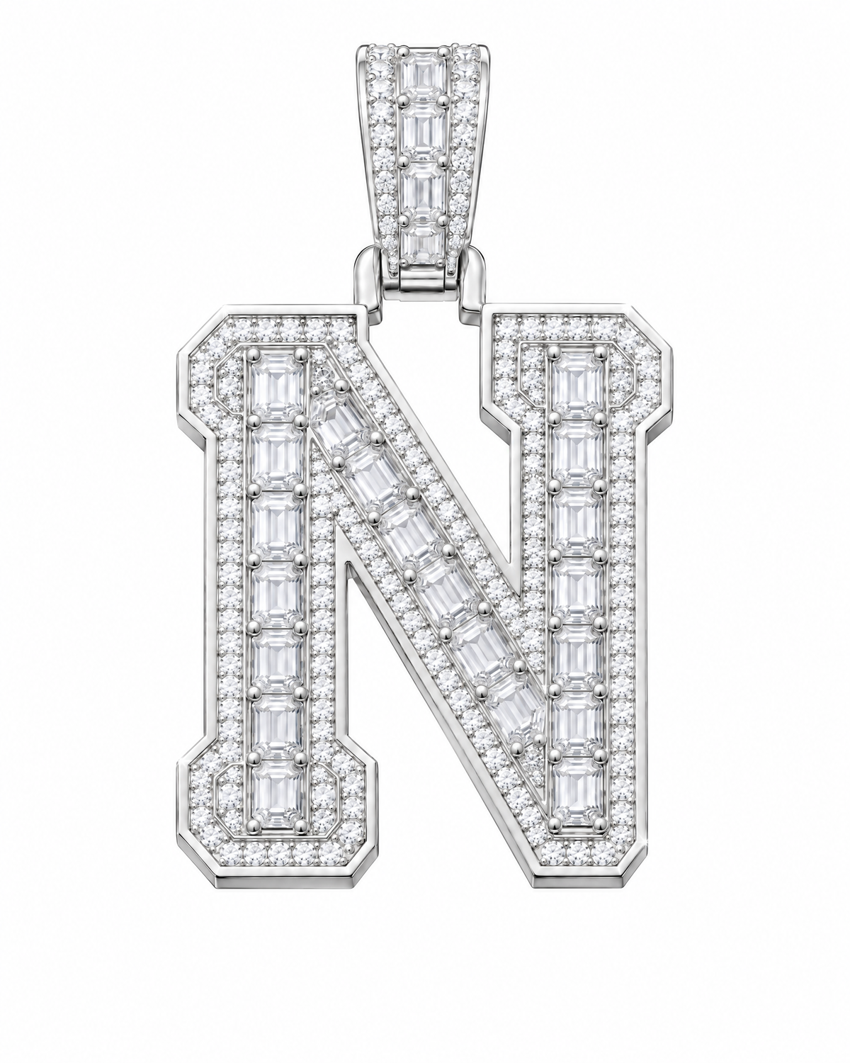 AI design render: letter N lab-grown diamond pendant in white gold, with emerald-cut centers, round diamond borders and diamond-set bail.