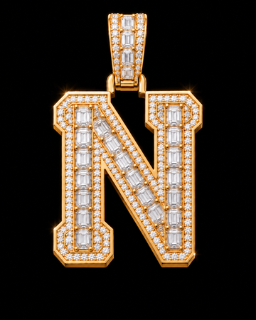 AI design render of letter N pendant in yellow gold with emerald-cut diamond centers, round diamond borders and a diamond-set bail.