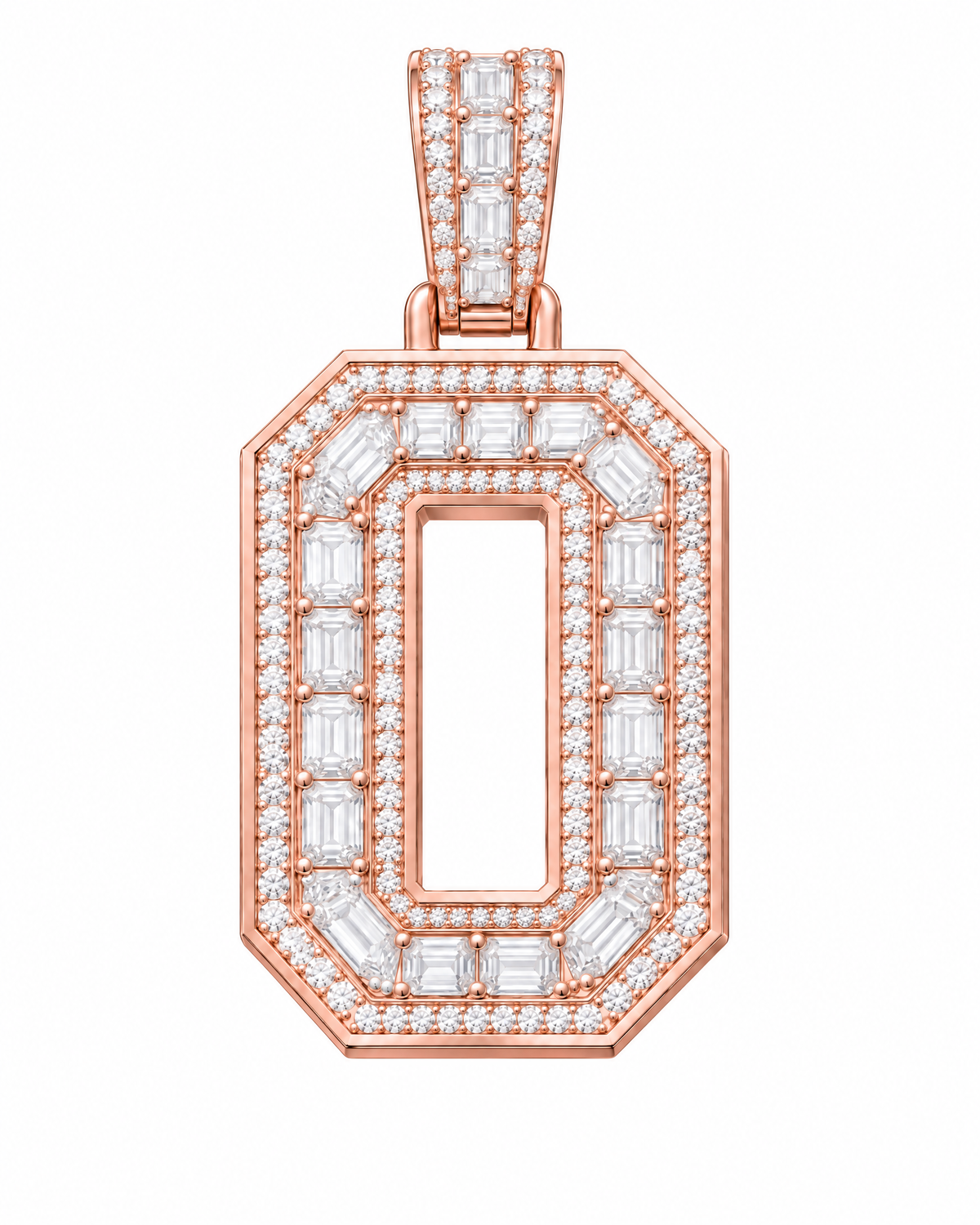 AI design render: letter O lab-grown diamond pendant in rose gold, with emerald-cut centers, round diamond borders and diamond-set bail.