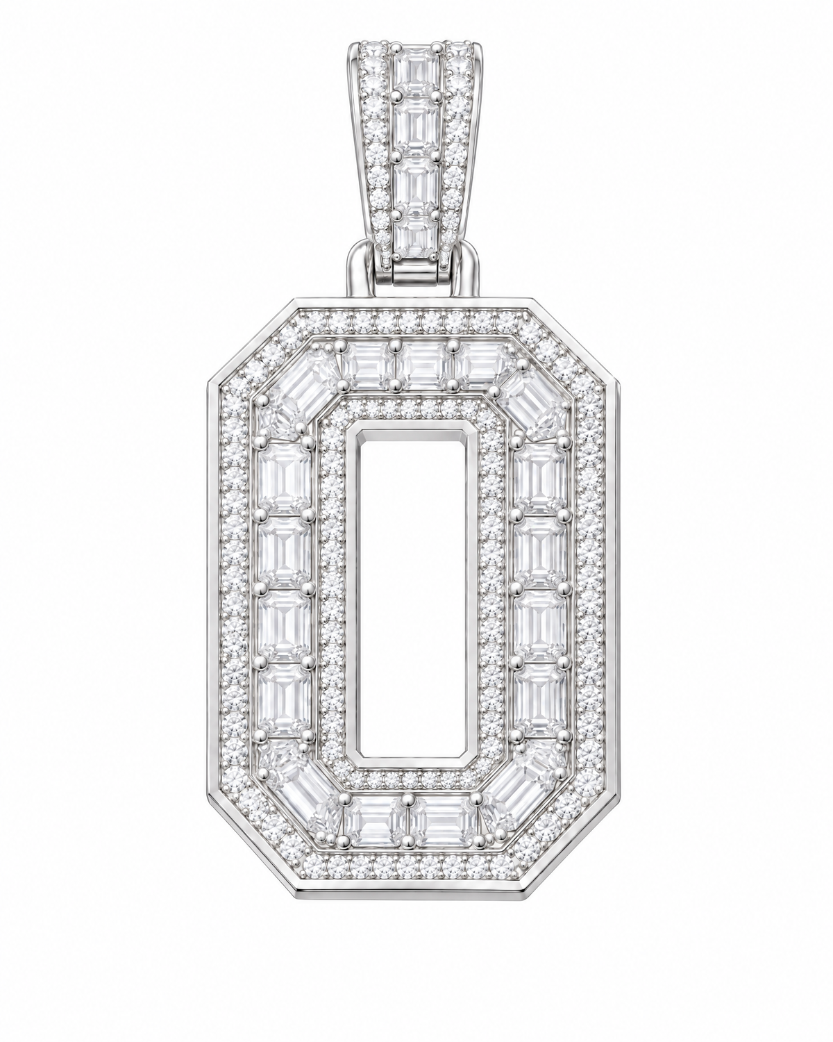 AI design render: letter O lab-grown diamond pendant in white gold, with emerald-cut centers, round diamond borders and diamond-set bail.