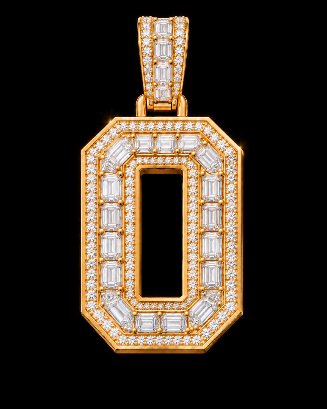 AI design render of letter O pendant in yellow gold with emerald-cut diamond centers, round diamond borders and a diamond-set bail.