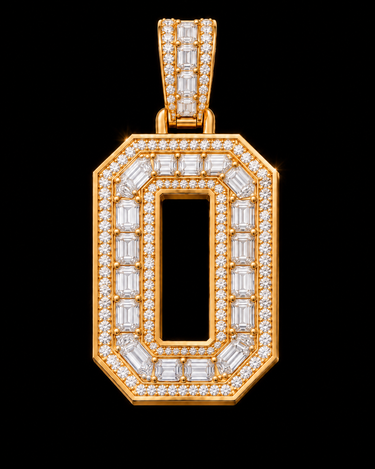 AI design render of letter O pendant in yellow gold with emerald-cut diamond centers, round diamond borders and a diamond-set bail.