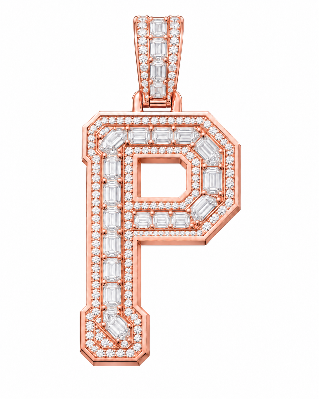 AI design render: letter P lab-grown diamond pendant in rose gold, with emerald-cut centers, round diamond borders and diamond-set bail.