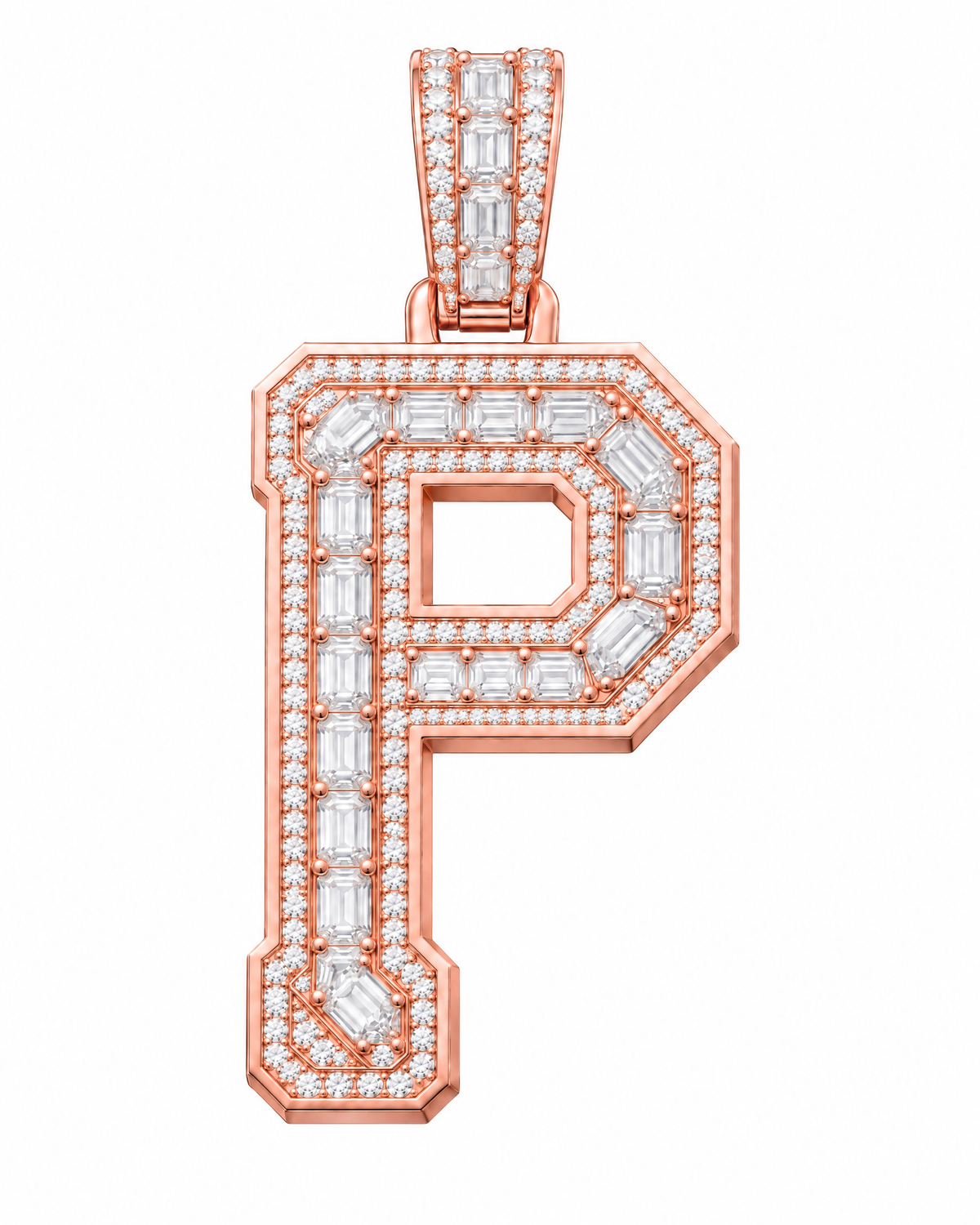 AI design render: letter P lab-grown diamond pendant in rose gold, with emerald-cut centers, round diamond borders and diamond-set bail.