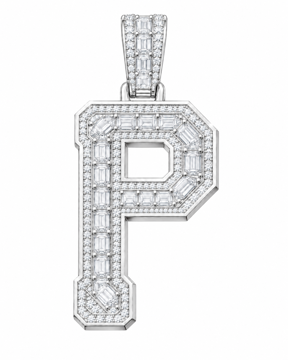 AI design render: letter P lab-grown diamond pendant in white gold, with emerald-cut centers, round diamond borders and diamond-set bail.