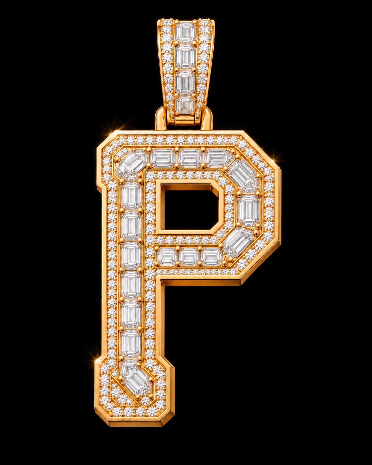 AI design render of letter P pendant in yellow gold with emerald-cut diamond centers, round diamond borders and a diamond-set bail.