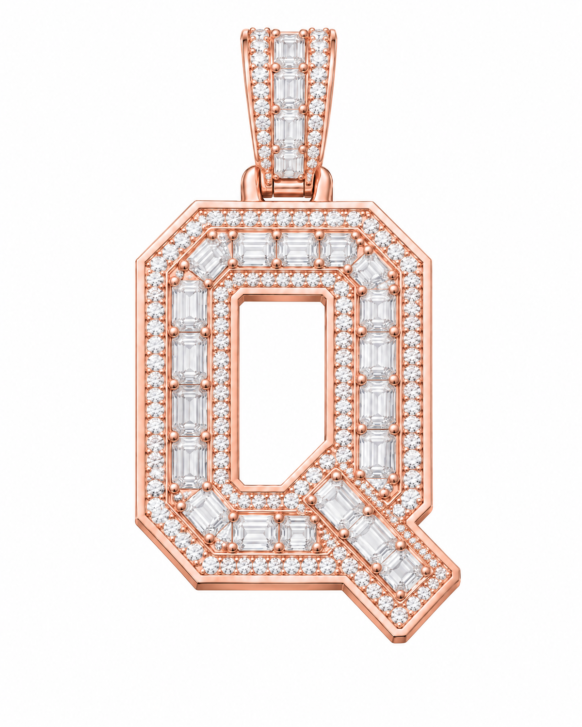 AI design render: letter Q lab-grown diamond pendant in rose gold, with emerald-cut centers, round diamond borders and diamond-set bail.