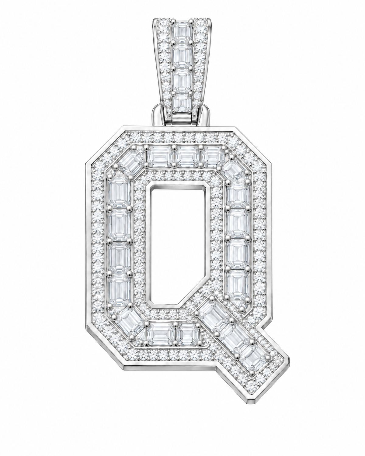 AI design render: letter Q lab-grown diamond pendant in white gold, with emerald-cut centers, round diamond borders and diamond-set bail.
