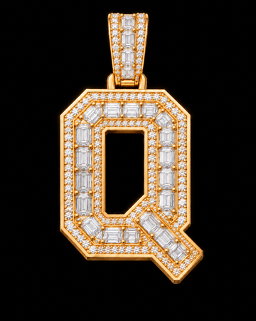 AI design render of letter Q pendant in yellow gold with emerald-cut diamond centers, round diamond borders and a diamond-set bail.