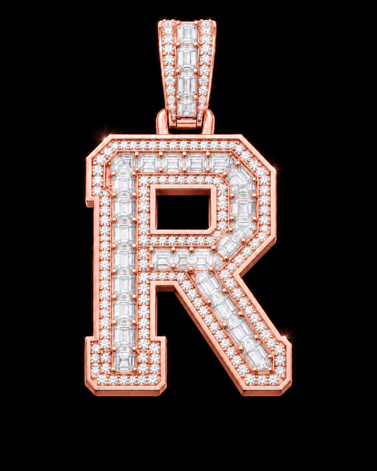 AI design render: letter R lab-grown diamond pendant in rose gold, with emerald-cut centers, round diamond borders and diamond-set bail.
