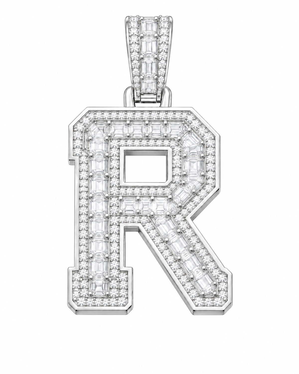 AI design render: letter R lab-grown diamond pendant in white gold, with emerald-cut centers, round diamond borders and diamond-set bail.