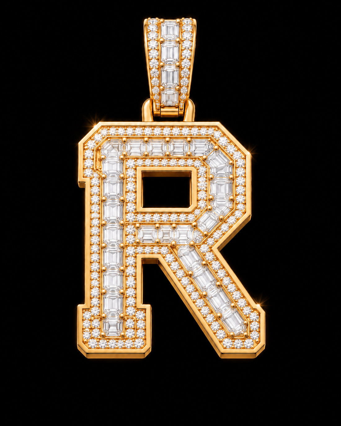 AI design render of letter R pendant in yellow gold with emerald-cut diamond centers, round diamond borders and a diamond-set bail.