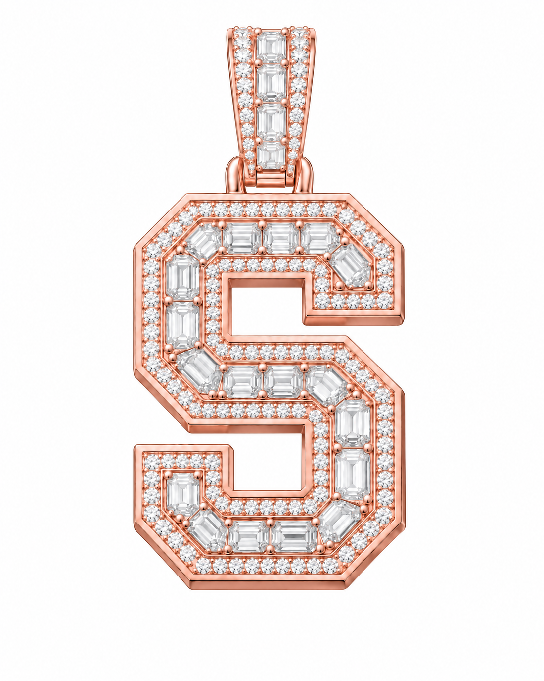 AI design render: letter S lab-grown diamond pendant in rose gold, with emerald-cut centers, round diamond borders and diamond-set bail.