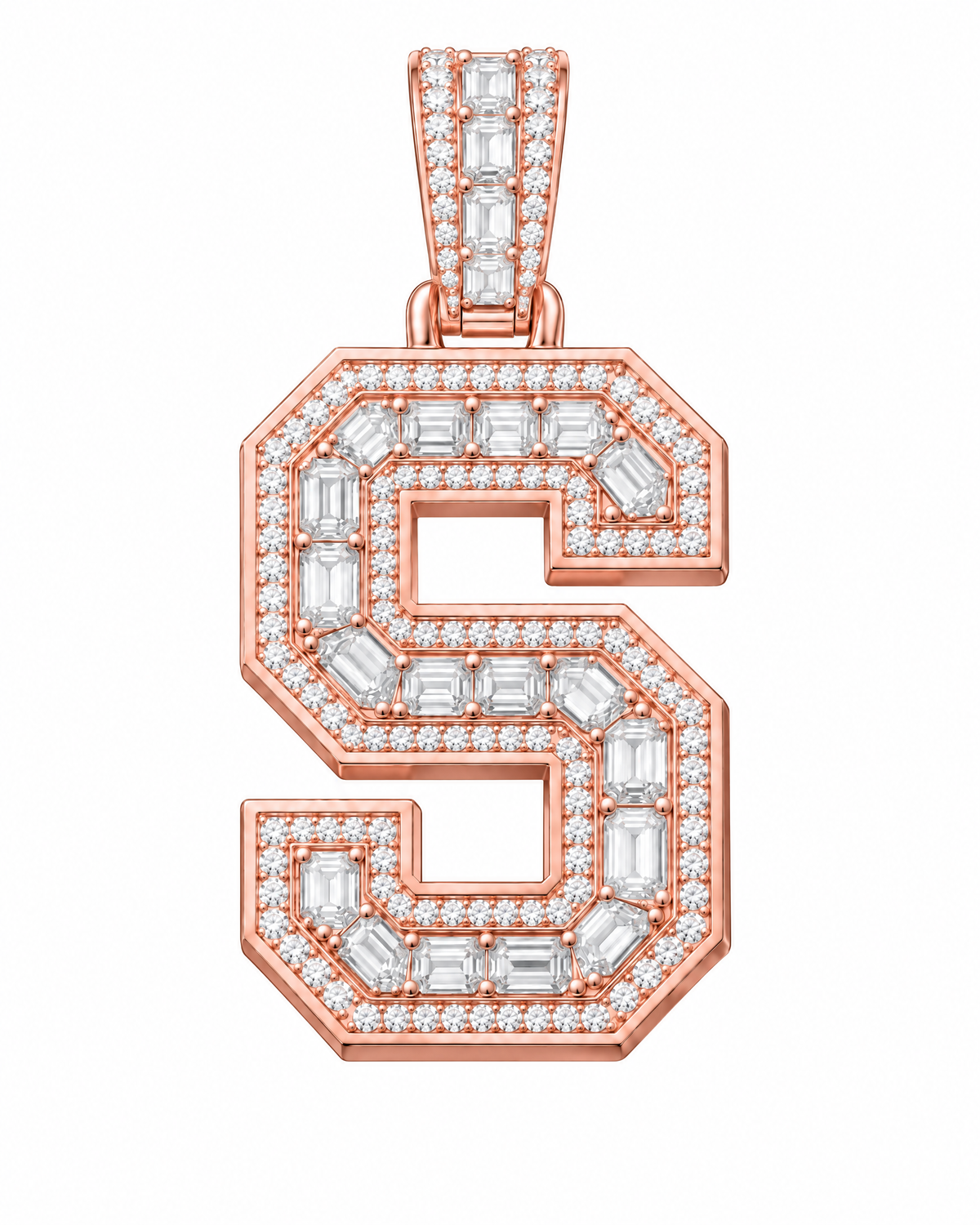 AI design render: letter S lab-grown diamond pendant in rose gold, with emerald-cut centers, round diamond borders and diamond-set bail.