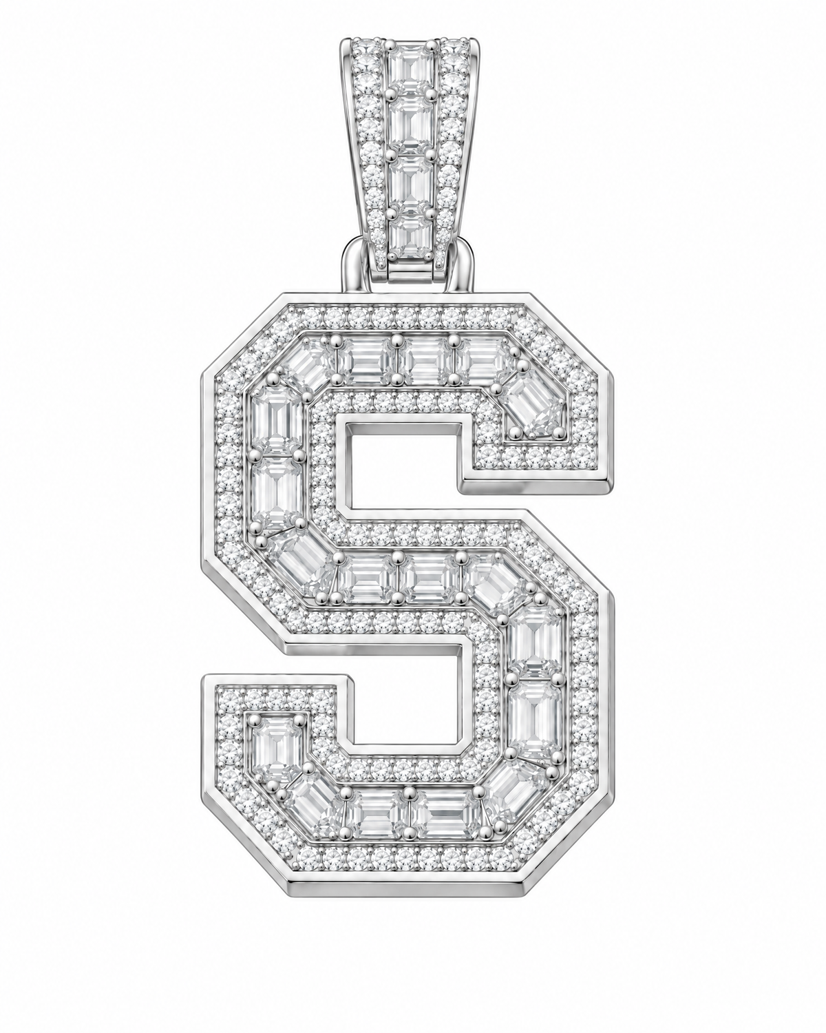 AI design render: letter S lab-grown diamond pendant in white gold, with emerald-cut centers, round diamond borders and diamond-set bail.