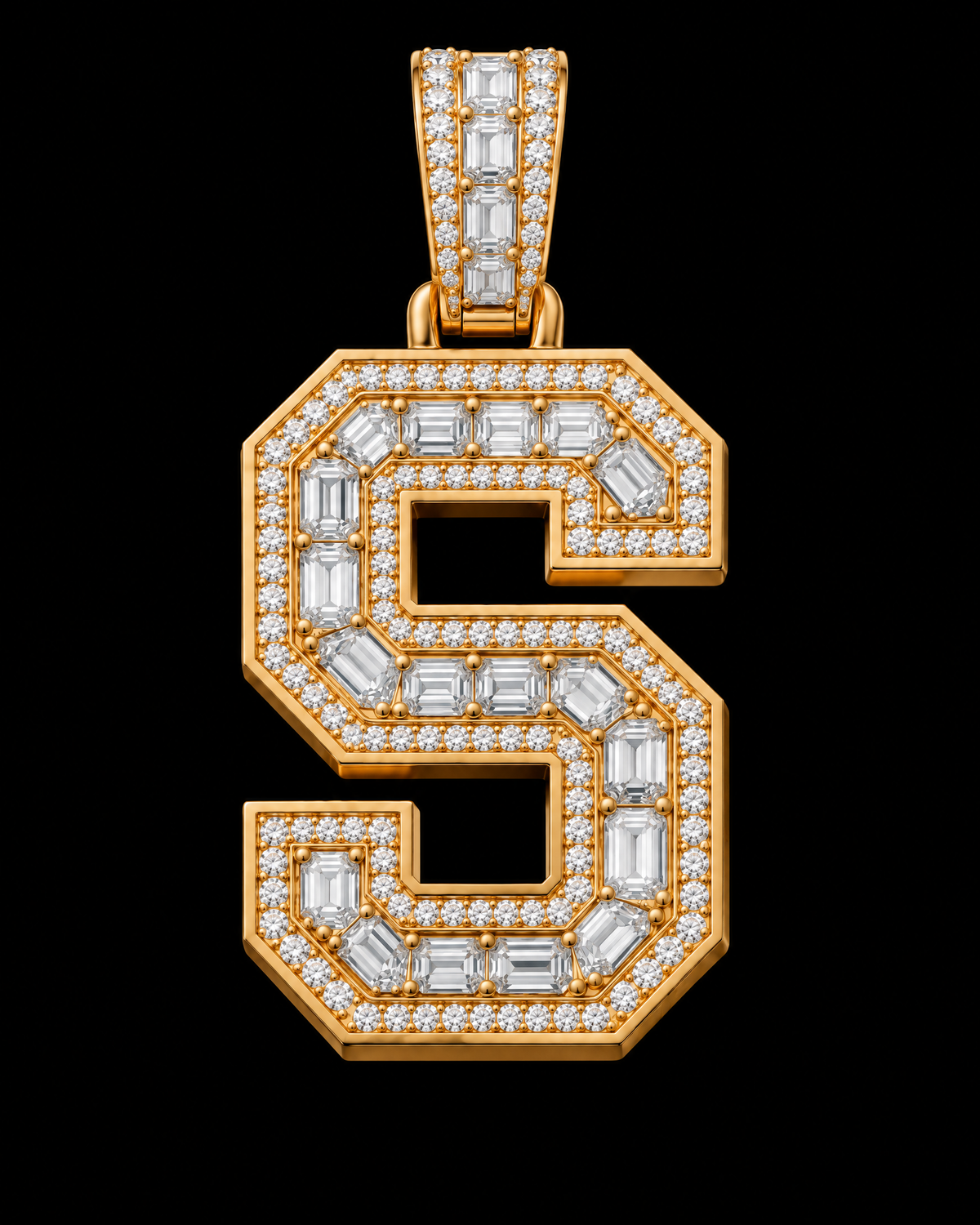 AI design render of letter S pendant in yellow gold with emerald-cut diamond centers, round diamond borders and a diamond-set bail.