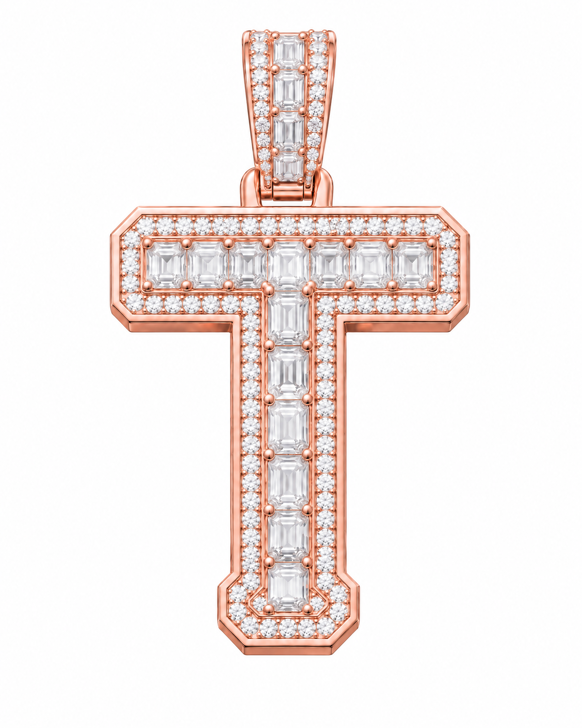 AI design render: letter T lab-grown diamond pendant in rose gold, with emerald-cut centers, round diamond borders and diamond-set bail.