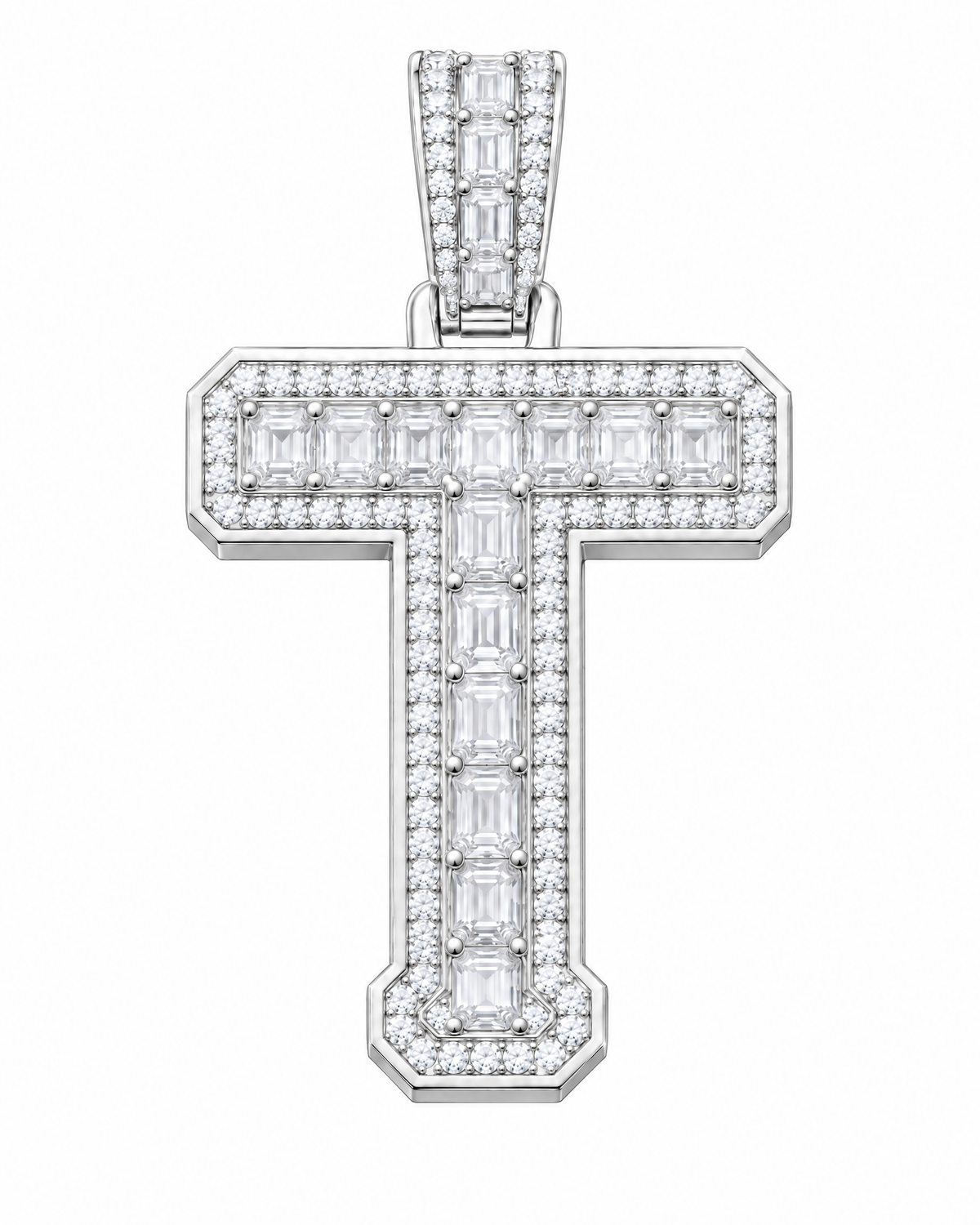 AI design render: letter T lab-grown diamond pendant in white gold, with emerald-cut centers, round diamond borders and diamond-set bail.