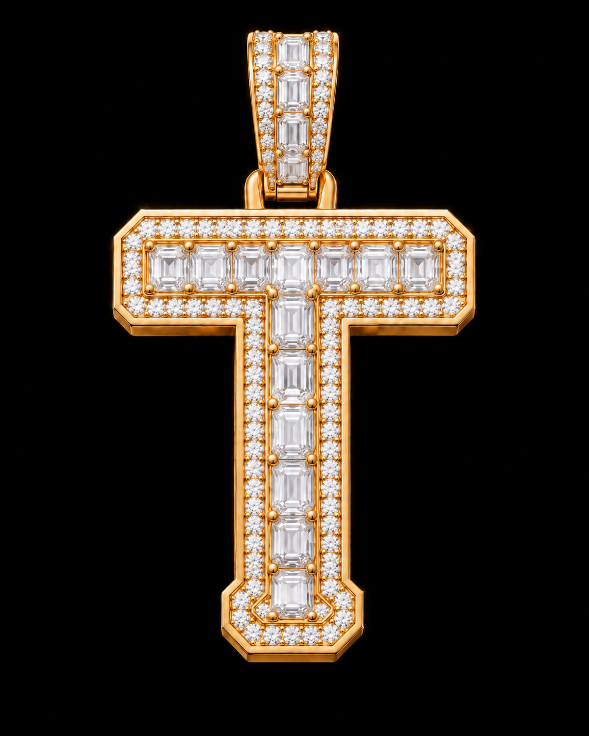 AI design render of letter T pendant in yellow gold with emerald-cut diamond centers, round diamond borders and a diamond-set bail.