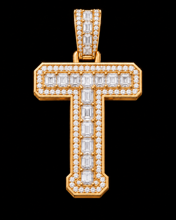 AI design render of letter T pendant in yellow gold with emerald-cut diamond centers, round diamond borders and a diamond-set bail.